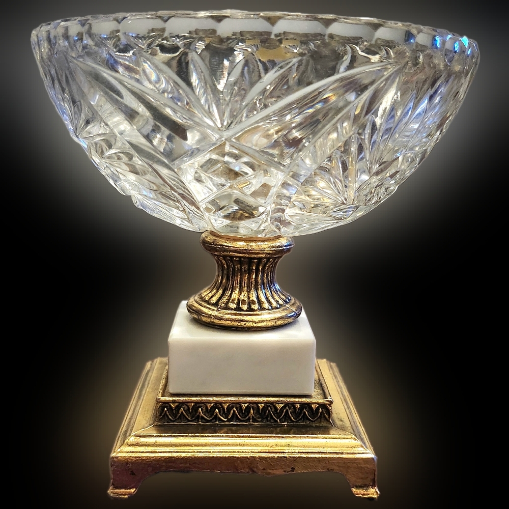 Vtg Western Germany Geniune Lead Crystal Pedastal Candy Dish (Marble & Brass) - Picture 2 of 6